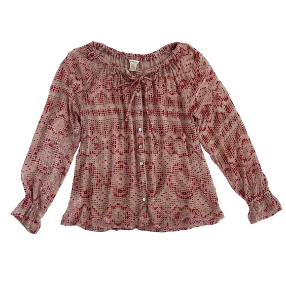 Sundance Cream Red Silk Velvet Burnout Peasant Sheer Button Blouse Size L - Picture 1 of 10